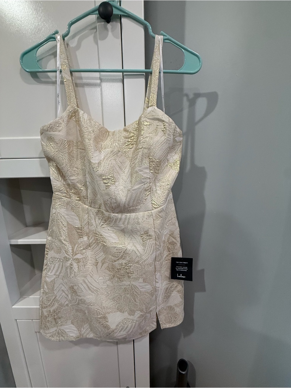 Lulu's Ivory Cream Floral Jacquard Mini Dress with Gold Threading